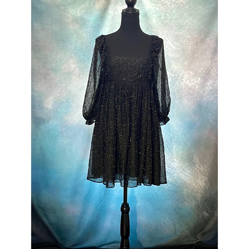 Storia Black Beaded Mesh Puff Sleeve Empire Waist Mini Dress JD2443-28 Small